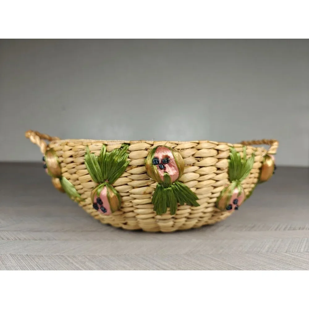 Vintage Woven Raffia Straw Round Casserole Basket With Fruit Accents Handles